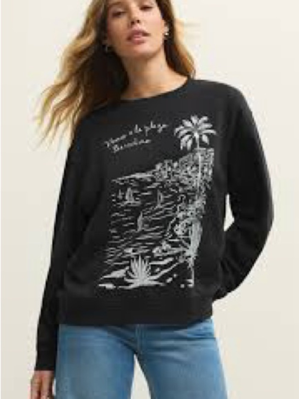 Z Supply Black Crewneck with White Barcelona Beach Graphic
